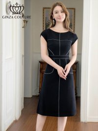 [送料無料][GINZA COUTURE]ブラック・ホワイト・シンプル・ステッチ・ポケット付き・フレンチスリーブ・ハイウエスト・Aライン・ミディアムドレス・ワンピース [即日発送][大きいサイズあり]