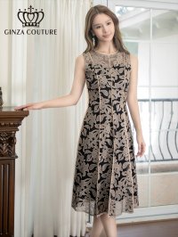 [送料無料][GINZA COUTURE]ベージュ・ホワイト・ブラック・ピンク・総レース・パイピング・ラインデザイン・ノースリーブ・Aライン・ミディアムドレス・ワンピース[即日発送][大きいサイズあり]