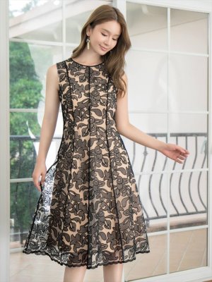 画像2: [送料無料][GINZA COUTURE]ブラック・ベージュ・ホワイト・ピンク・総レース・パイピング・ラインデザイン・ノースリーブ・Aライン・ミディアムドレス・ワンピース[即日発送][大きいサイズあり]