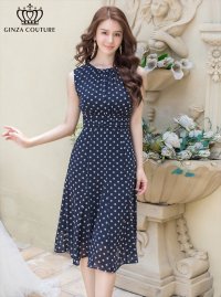 [送料無料][GINZA COUTURE]ネイビー・ブラック・レッド・ドット・ハイウエスト・ノースリーブ・Aライン・ミディアムドレス・ワンピース[即日発送][大きいサイズあり]