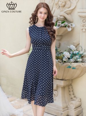 画像1: [送料無料][GINZA COUTURE]ネイビー・ブラック・レッド・ドット・ハイウエスト・ノースリーブ・Aライン・ミディアムドレス・ワンピース[即日発送][大きいサイズあり]