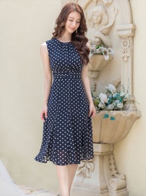 画像3: [送料無料][GINZA COUTURE]ネイビー・ブラック・レッド・ドット・ハイウエスト・ノースリーブ・Aライン・ミディアムドレス・ワンピース[即日発送][大きいサイズあり]