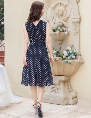 画像4: [送料無料][GINZA COUTURE]ネイビー・ブラック・レッド・ドット・ハイウエスト・ノースリーブ・Aライン・ミディアムドレス・ワンピース[即日発送][大きいサイズあり]