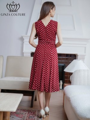 画像9: [送料無料][GINZA COUTURE]ネイビー・ブラック・レッド・ドット・ハイウエスト・ノースリーブ・Aライン・ミディアムドレス・ワンピース[即日発送][大きいサイズあり]