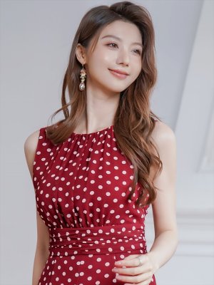 画像10: [送料無料][GINZA COUTURE]ネイビー・ブラック・レッド・ドット・ハイウエスト・ノースリーブ・Aライン・ミディアムドレス・ワンピース[即日発送][大きいサイズあり]