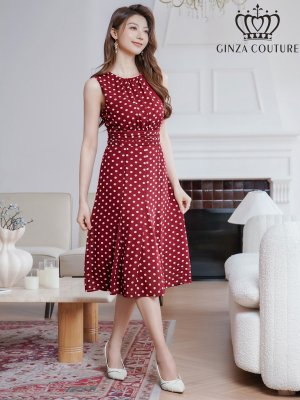 画像11: [送料無料][GINZA COUTURE]ネイビー・ブラック・レッド・ドット・ハイウエスト・ノースリーブ・Aライン・ミディアムドレス・ワンピース[即日発送][大きいサイズあり]
