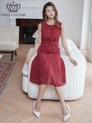 画像12: [送料無料][GINZA COUTURE]ネイビー・ブラック・レッド・ドット・ハイウエスト・ノースリーブ・Aライン・ミディアムドレス・ワンピース[即日発送][大きいサイズあり]