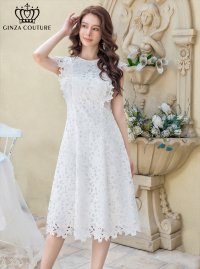 [送料無料][GINZA COUTURE]ホワイト・ネイビー・ワインレッド・ノースリーブ・ケミカルレース・Aライン・総レース・ミディアムドレス・ワンピース[即日発送][大きいサイズあり]