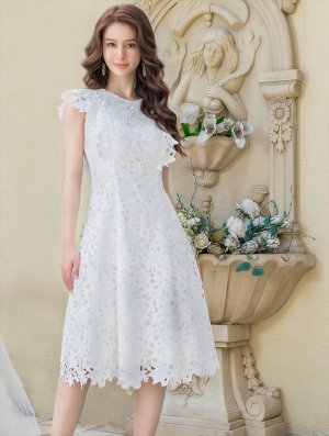 画像2: [送料無料][GINZA COUTURE]ホワイト・ネイビー・ワインレッド・ノースリーブ・ケミカルレース・Aライン・総レース・ミディアムドレス・ワンピース[即日発送][大きいサイズあり]