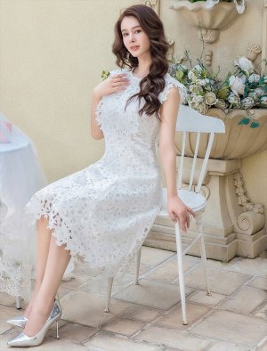 画像6: [送料無料][GINZA COUTURE]ホワイト・ネイビー・ワインレッド・ノースリーブ・ケミカルレース・Aライン・総レース・ミディアムドレス・ワンピース[即日発送][大きいサイズあり]