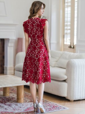 画像15: [送料無料][GINZA COUTURE]ホワイト・ネイビー・ワインレッド・ノースリーブ・ケミカルレース・Aライン・総レース・ミディアムドレス・ワンピース[即日発送][大きいサイズあり]