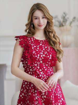 画像16: [送料無料][GINZA COUTURE]ホワイト・ネイビー・ワインレッド・ノースリーブ・ケミカルレース・Aライン・総レース・ミディアムドレス・ワンピース[即日発送][大きいサイズあり]