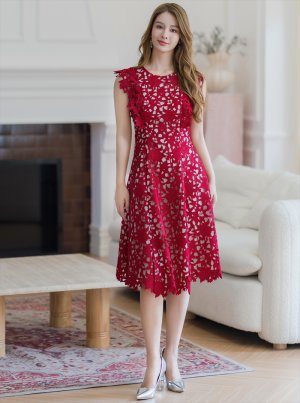 画像17: [送料無料][GINZA COUTURE]ホワイト・ネイビー・ワインレッド・ノースリーブ・ケミカルレース・Aライン・総レース・ミディアムドレス・ワンピース[即日発送][大きいサイズあり]