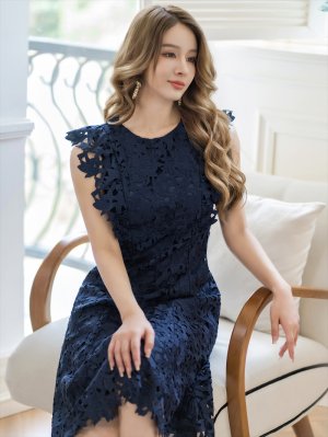 画像12: [送料無料][GINZA COUTURE]ホワイト・ネイビー・ワインレッド・ノースリーブ・ケミカルレース・Aライン・総レース・ミディアムドレス・ワンピース[即日発送][大きいサイズあり]