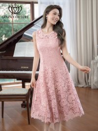 [送料無料][GINZA COUTURE]ピンク・ホワイト・総レース・フラワーレース・ノースリーブ・Aライン・ミディアムドレス・ワンピース[即日発送][大きいサイズあり]