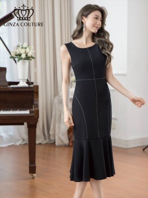 画像1: [送料無料][GINZA COUTURE]ブラック・ネイビー・ホワイト・ロイヤルブルー・ワインレッド・マーメイド・シンプル・ミディアムドレス・ワンピース[即日発送][大きいサイズあり]