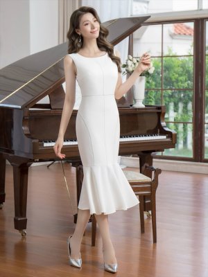 画像2: [送料無料][GINZA COUTURE]ホワイト・ブラック・ネイビー・ロイヤルブルー・ワインレッド・マーメイド・シンプル・ミディアムドレス・ワンピース[即日発送][大きいサイズあり]