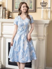 [送料無料][GINZA COUTURE]ブルー・ホワイト・イエロー・花柄・ジャガード・切り替え・Aライン・半袖・ミディアムドレス・ワンピース[即日発送][大きいサイズあり]