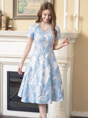 画像9: [送料無料][GINZA COUTURE]ホワイト・ブルー・イエロー・花柄・ジャガード・切り替え・Aライン・半袖・ミディアムドレス・ワンピース[即日発送][大きいサイズあり]