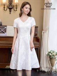 [送料無料][GINZA COUTURE]ホワイト・ブルー・イエロー・花柄・ジャガード・切り替え・Aライン・半袖・ミディアムドレス・ワンピース[即日発送][大きいサイズあり]
