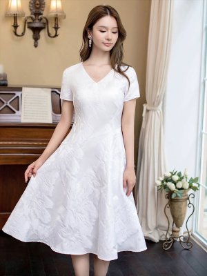 画像4: [送料無料][GINZA COUTURE]ホワイト・ブルー・イエロー・花柄・ジャガード・切り替え・Aライン・半袖・ミディアムドレス・ワンピース[即日発送][大きいサイズあり]