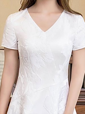 画像5: [送料無料][GINZA COUTURE]ホワイト・ブルー・イエロー・花柄・ジャガード・切り替え・Aライン・半袖・ミディアムドレス・ワンピース[即日発送][大きいサイズあり]