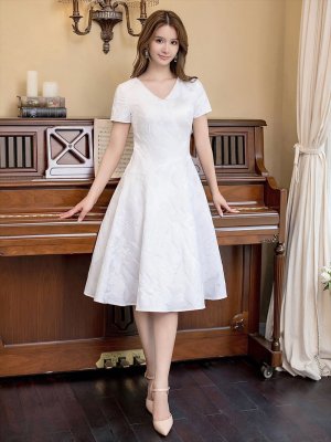 画像6: [送料無料][GINZA COUTURE]ホワイト・ブルー・イエロー・花柄・ジャガード・切り替え・Aライン・半袖・ミディアムドレス・ワンピース[即日発送][大きいサイズあり]