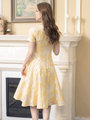 画像15: [送料無料][GINZA COUTURE]ホワイト・ブルー・イエロー・花柄・ジャガード・切り替え・Aライン・半袖・ミディアムドレス・ワンピース[即日発送][大きいサイズあり]