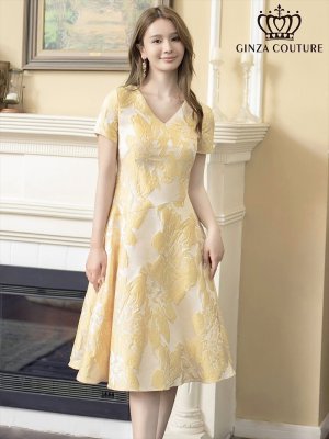 画像16: [送料無料][GINZA COUTURE]ホワイト・ブルー・イエロー・花柄・ジャガード・切り替え・Aライン・半袖・ミディアムドレス・ワンピース[即日発送][大きいサイズあり]