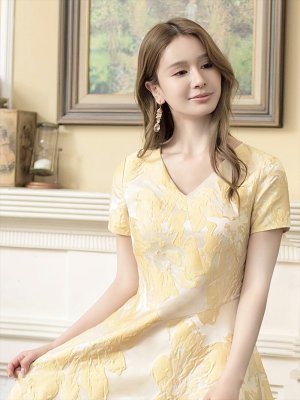 画像17: [送料無料][GINZA COUTURE]ホワイト・ブルー・イエロー・花柄・ジャガード・切り替え・Aライン・半袖・ミディアムドレス・ワンピース[即日発送][大きいサイズあり]