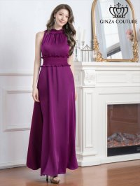 [送料無料][GINZA COUTURE]パープル・ロイヤルブルー・ブルー・ピンク・レッド・ラベンダー・ホワイト・ワインレッド・首元フリル・シンプル・ウエストマーク・マキシ・ノースリーブ・Aライン・ロングドレス[即日発送][大きいサイズあり]