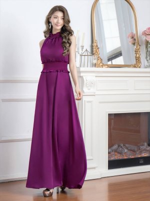 画像2: [送料無料][GINZA COUTURE]パープル・ロイヤルブルー・ブルー・ピンク・レッド・ラベンダー・ホワイト・ワインレッド・首元フリル・シンプル・ウエストマーク・マキシ・ノースリーブ・Aライン・ロングドレス[即日発送][大きいサイズあり]