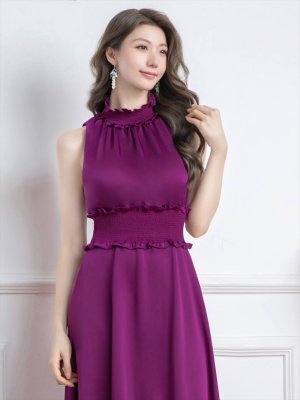 画像4: [送料無料][GINZA COUTURE]パープル・ロイヤルブルー・ブルー・ピンク・レッド・ラベンダー・ホワイト・ワインレッド・イエロー・サテン・首元フリル・シンプル・ウエストマーク・マキシ・アメリカンスリーブ・Aライン・ロングドレス[即日発送][大きいサイズあり]