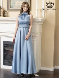 [送料無料][GINZA COUTURE]ブルー・ピンク・レッド・ラベンダー・パープル・ロイヤルブルー・イエロー・首元フリル・シンプル・ウエストマーク・マキシ・ノースリーブ・Aライン・ロングドレス [即日発送][大きいサイズあり]