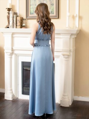 画像9: [送料無料][GINZA COUTURE]パープル・ロイヤルブルー・ブルー・ピンク・レッド・ラベンダー・ホワイト・ワインレッド・イエロー・サテン・首元フリル・シンプル・ウエストマーク・マキシ・アメリカンスリーブ・Aライン・ロングドレス[即日発送][大きいサイズあり]