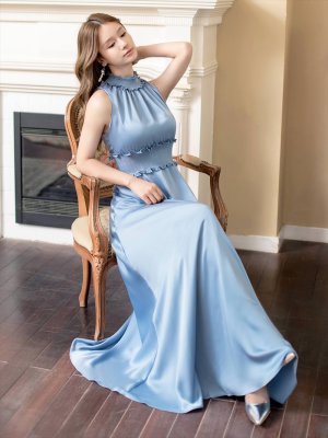 画像11: [送料無料][GINZA COUTURE]ホワイト・ロイヤルブルー・ブルー・ピンク・レッド・ラベンダー・パープル・ワインレッド・イエロー・首元フリル・シンプル・ウエストマーク・マキシ・アメリカンスリーブ・Aライン・ロングドレス[即日発送][大きいサイズあり]