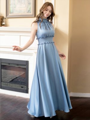 画像2: [送料無料][GINZA COUTURE]ブルー・ピンク・レッド・ラベンダー・パープル・ロイヤルブルー・ホワイト・ワインレッド・首元フリル・シンプル・ウエストマーク・マキシ・ノースリーブ・Aライン・ロングドレス [即日発送][大きいサイズあり]