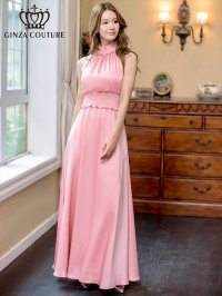 [送料無料][GINZA COUTURE]ピンク・レッド・ラベンダー・パープル・ロイヤルブルー・ブルー・ホワイト・ワインレッド・首元フリル・シンプル・ウエストマーク・マキシ・ノースリーブ・Aライン・ロングドレス [即日発送][大きいサイズあり]