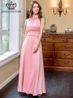 画像1: [送料無料][GINZA COUTURE]ピンク・レッド・ラベンダー・パープル・ロイヤルブルー・ブルー・ホワイト・ワインレッド・首元フリル・シンプル・ウエストマーク・マキシ・ノースリーブ・Aライン・ロングドレス [即日発送][大きいサイズあり]