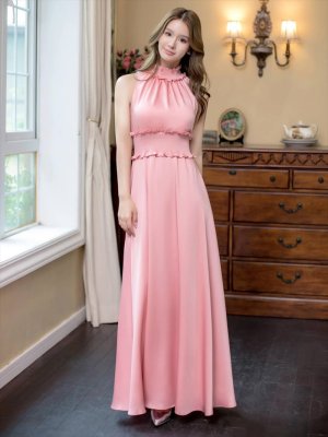 画像11: [送料無料][GINZA COUTURE]パープル・ロイヤルブルー・ブルー・ピンク・レッド・ラベンダー・ホワイト・ワインレッド・イエロー・サテン・首元フリル・シンプル・ウエストマーク・マキシ・アメリカンスリーブ・Aライン・ロングドレス[即日発送][大きいサイズあり]