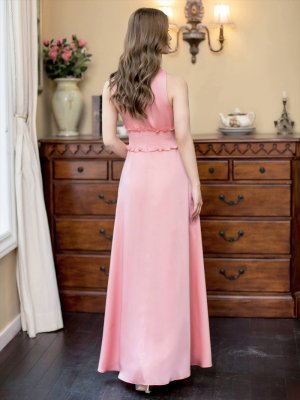 画像3: [送料無料][GINZA COUTURE]ピンク・レッド・ラベンダー・パープル・ロイヤルブルー・ブルー・ホワイト・ワインレッド・イエロー・首元フリル・シンプル・ウエストマーク・マキシ・アメリカンスリーブ・Aライン・ロングドレス [即日発送][大きいサイズあり]