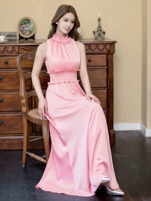 画像13: [送料無料][GINZA COUTURE]ホワイト・ロイヤルブルー・ブルー・ピンク・レッド・ラベンダー・パープル・ワインレッド・イエロー・首元フリル・シンプル・ウエストマーク・マキシ・アメリカンスリーブ・Aライン・ロングドレス[即日発送][大きいサイズあり]