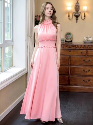 画像2: [送料無料][GINZA COUTURE]ピンク・レッド・ラベンダー・パープル・ロイヤルブルー・ブルー・ホワイト・ワインレッド・首元フリル・シンプル・ウエストマーク・マキシ・ノースリーブ・Aライン・ロングドレス [即日発送][大きいサイズあり]