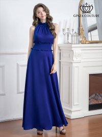 [送料無料][GINZA COUTURE]ロイヤルブルー・ブルー・ピンク・レッド・ラベンダー・パープル・ホワイト・ワインレッド・首元フリル・シンプル・ウエストマーク・マキシ・ノースリーブ・Aライン・ロングドレス[即日発送][大きいサイズあり]