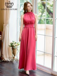 [送料無料][GINZA COUTURE]レッド・ラベンダー・パープル・ロイヤルブルー・ブルー・ピンク・ホワイト・ワインレッド・首元フリル・シンプル・ウエストマーク・マキシ・ノースリーブ・Aライン・ロングドレス [即日発送][大きいサイズあり]