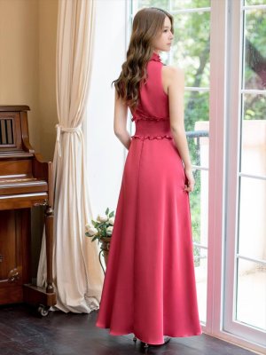 画像3: [送料無料][GINZA COUTURE]レッド・ラベンダー・パープル・ロイヤルブルー・ブルー・ピンク・ホワイト・ワインレッド・イエロー・首元フリル・シンプル・ウエストマーク・マキシ・アメリカンスリーブ・Aライン・ロングドレス [即日発送][大きいサイズあり]