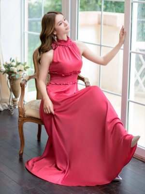 画像15: [送料無料][GINZA COUTURE]ラベンダー・パープル・ロイヤルブルー・ブルー・ピンク・レッド・ホワイト・ワインレッド・イエロー・首元フリル・シンプル・ウエストマーク・マキシ・アメリカンスリーブ・Aライン・ロングドレス [即日発送][大きいサイズあり]