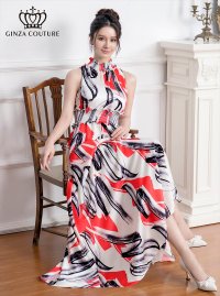 [送料無料][GINZA COUTURE]レッド×ブラック・イエロー×ブラック・ペイント柄・首元フリル・シンプル・ウエストマーク・マキシ・ノースリーブ・Aライン・ロングドレス[即日発送][大きいサイズあり]