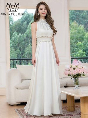 画像2: [送料無料][GINZA COUTURE]ホワイト・ロイヤルブルー・ブルー・ピンク・レッド・ラベンダー・パープル・ワインレッド・首元フリル・シンプル・エストマーク・マキシ・ノースリーブ・Aライン・ロングドレス[即日発送][大きいサイズあり]