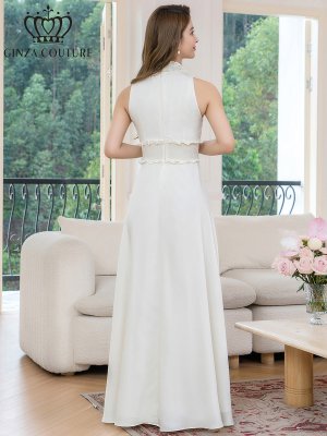 画像3: [送料無料][GINZA COUTURE]ホワイト・ロイヤルブルー・ブルー・ピンク・レッド・ラベンダー・パープル・ワインレッド・イエロー・首元フリル・シンプル・ウエストマーク・マキシ・アメリカンスリーブ・Aライン・ロングドレス[即日発送][大きいサイズあり]